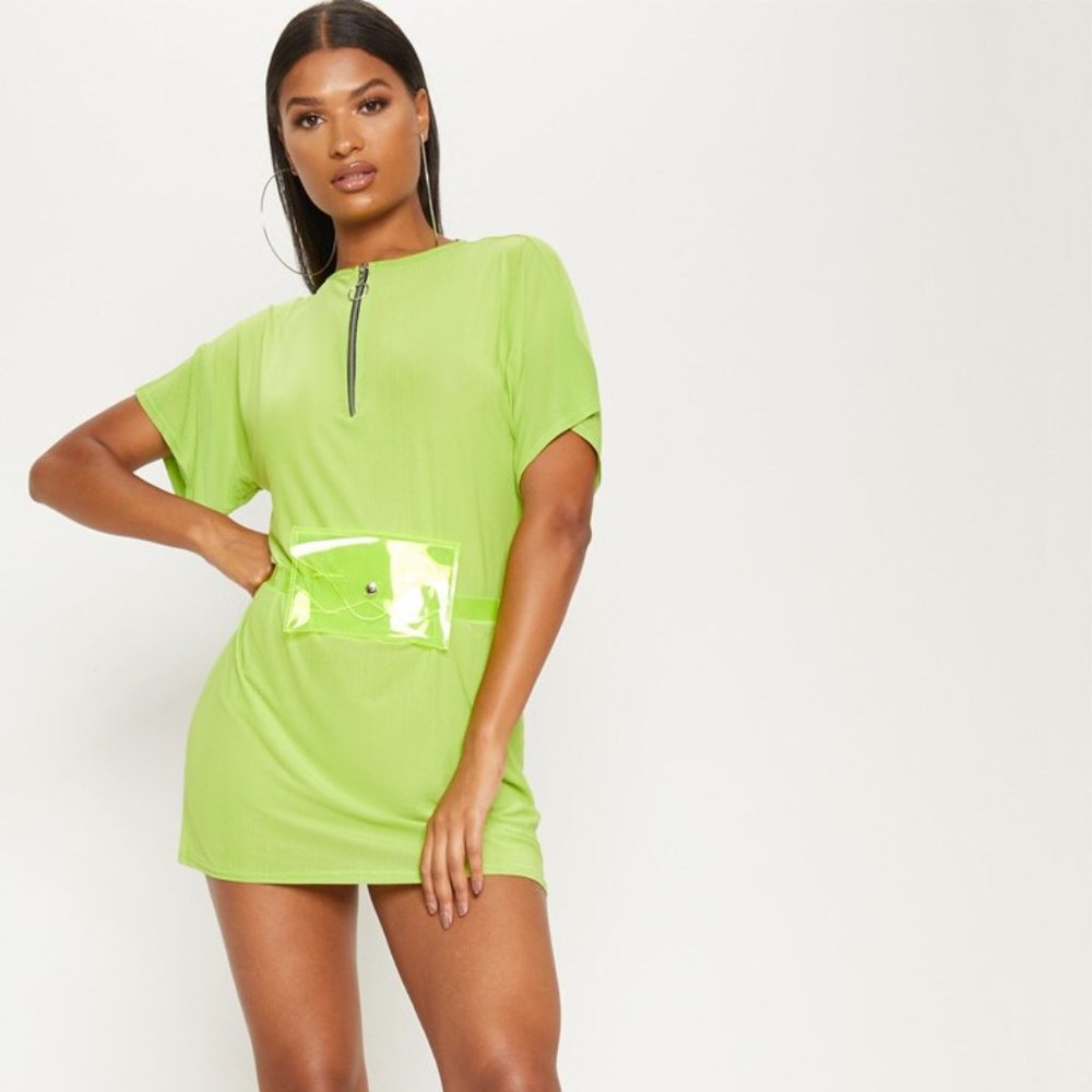 Lime Mesh Zip Front T Shirt Dress